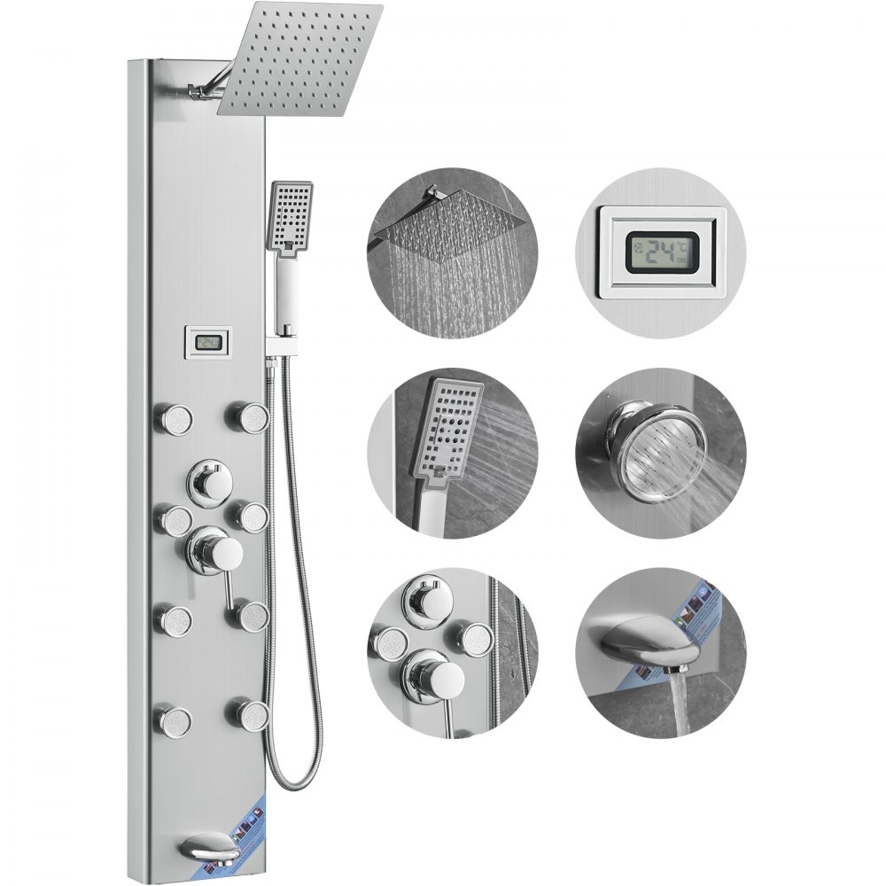 VEVOR Duschpaneelsystem, 5 Duschmodi, Duschpaneelturm mit Digitalanzeige, Regenfall, 8 Massagedüsen, Wannenauslauf, Handbrause mit 3 Einstellungen, 59-Zoll-Schlauch, Wandduschset aus Edelstahl