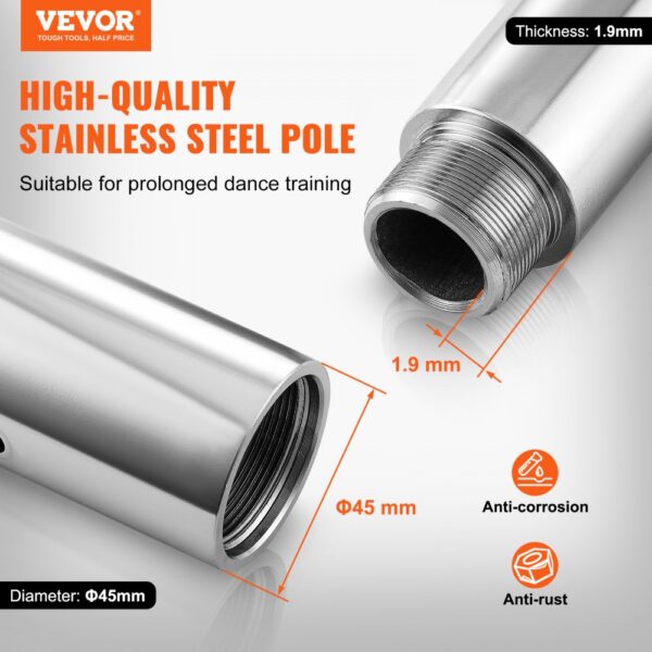VEVOR Professionelle Tanzstange, Pole Dance Tanzstange Profi ca. 216,3-270 cm Höhenverstellbare Abnehmbare Fitnessstange Spinning Fitness Silber, Statische Tanzstange Fitnessstudios – Bild 2