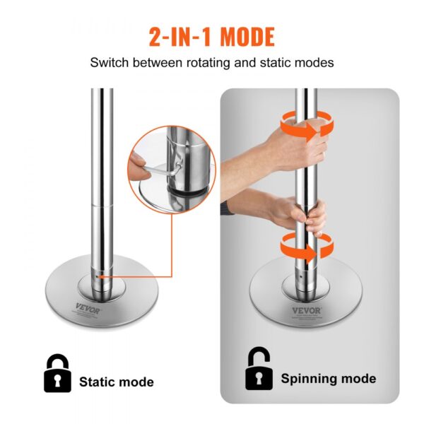 VEVOR Professionelle Tanzstange, Pole Dance Tanzstange Profi ca. 216,3-270 cm Höhenverstellbare Abnehmbare Fitnessstange Spinning Fitness Silber, Statische Tanzstange Fitnessstudios – Bild 3