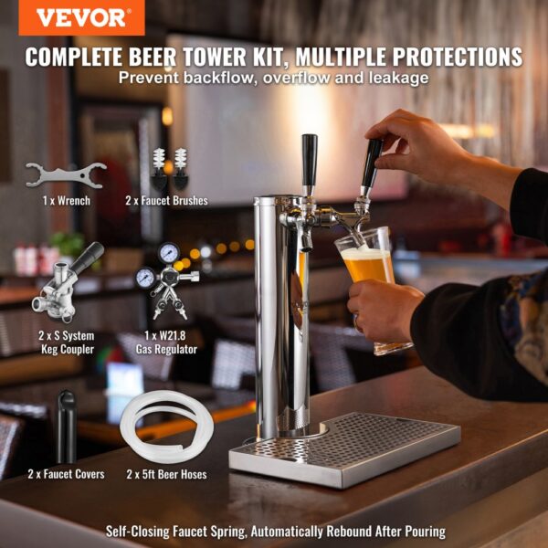 VEVOR Kegerator-Turm-Kit, Bier-Umrüstsatz mit 2 Zapfhähnen, Bier-Turmspender aus Edelstahl mit Doppelmessgerät W21.8-Regler und S-System-Fasskupplung, Bier-Tropfschale für Partys zu Hause – Bild 2