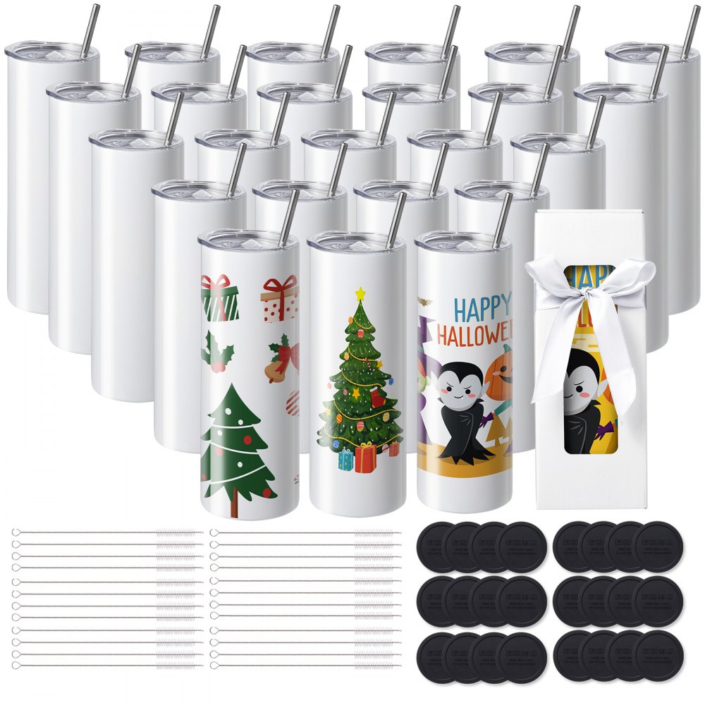 VEVOR 24er-Pack Sublimationsbecher, 567 g Blanko-Becher, Edelstahl-Doppelwandbecher mit Strohhalm, Deckel, Bürste, Boden, Schrumpffolie, Geschenkbox, für Wärmepresse & Wärmeübertragung