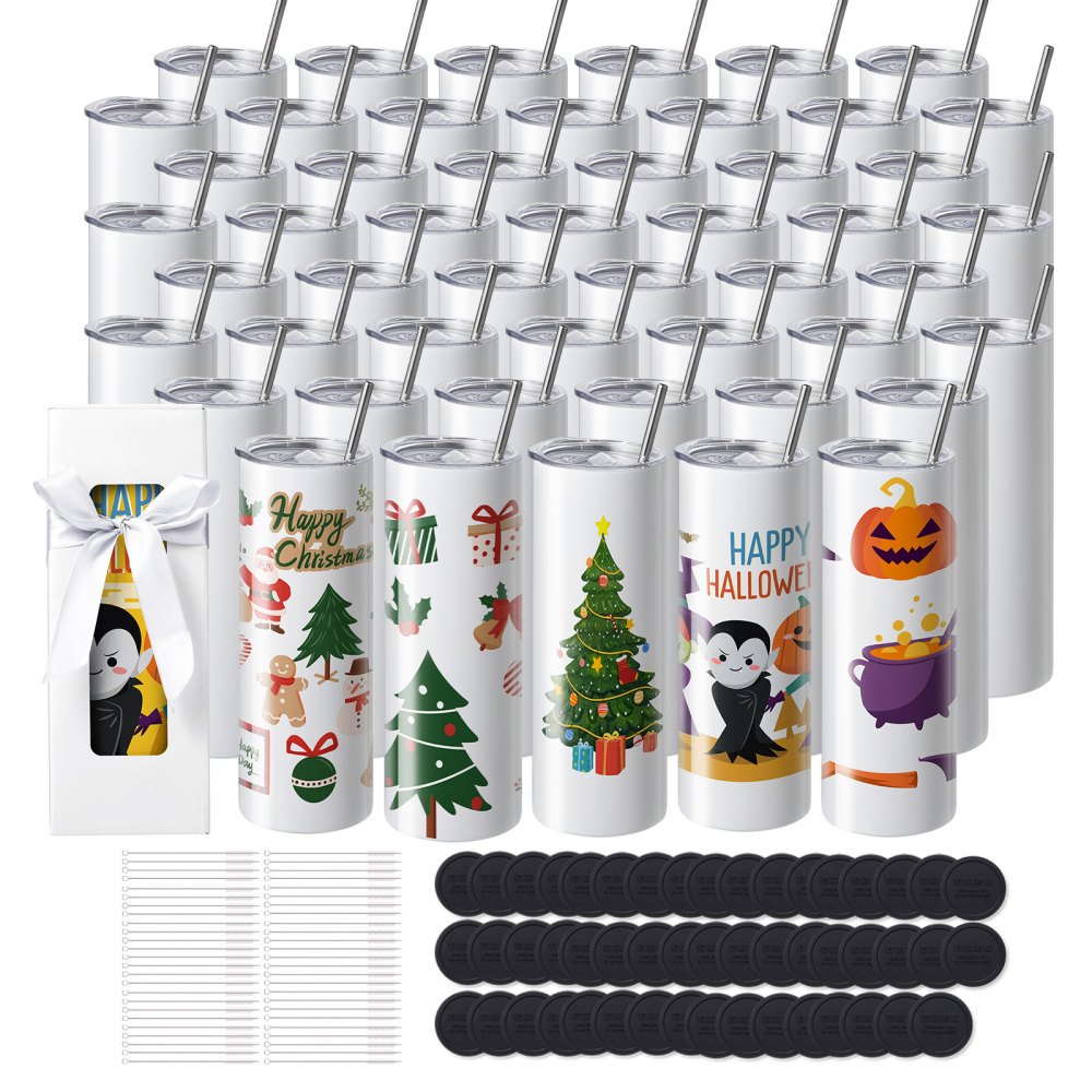 VEVOR 50er-Pack gerade Sublimationsbecher, 591,5 ml Blanko-Becher, Edelstahl-Doppelwandbecher mit Strohhalm, Deckel, Bürste, Boden, Schrumpffolie, Geschenkbox, für Wärmepresse & Wärmeübertragung