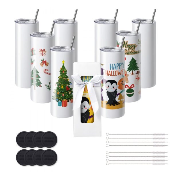 VEVOR 8er-Pack Gerade Sublimationsbecher, 567 g Blanko-Becher, Edelstahl-Doppelwandbecher mit Strohhalm, Deckel, Bürste, Boden, Schrumpffolie, Geschenkbox, für Wärmepresse und Wärmeübertragung