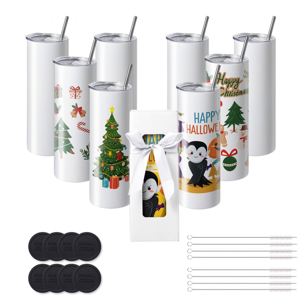 VEVOR 8er-Pack Gerade Sublimationsbecher, 567 g Blanko-Becher, Edelstahl-Doppelwandbecher mit Strohhalm, Deckel, Bürste, Boden, Schrumpffolie, Geschenkbox, für Wärmepresse und Wärmeübertragung