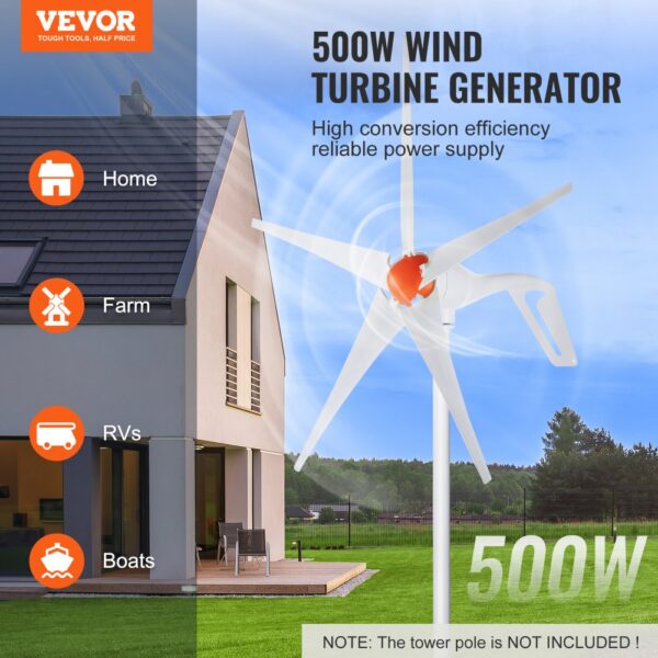 VEVOR 500 W Windkraftanlage 12 V Windgenerator 5-Blatt-Windkraftgenerator mit MPPT-Regler einstellbare Windrichtung und 2,5 m/s Startwindgeschwindigkeit geeignet für Zuhause Bauernhof Wohnmobile Boote – Bild 2