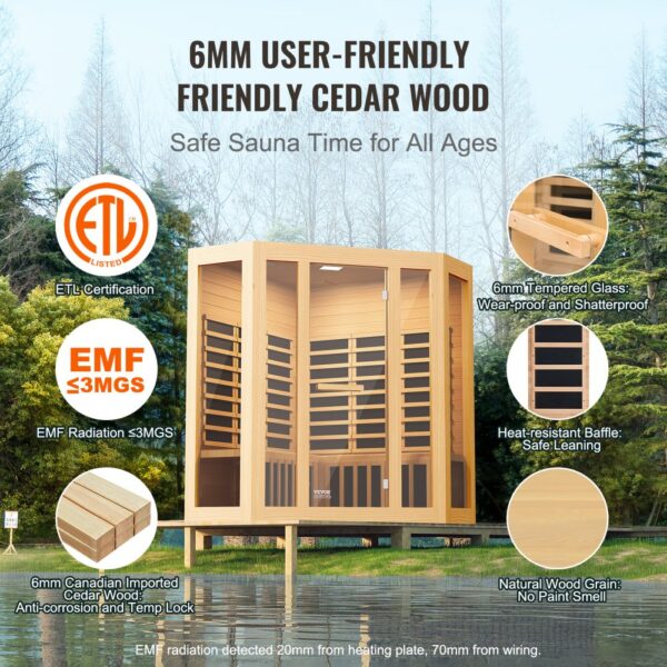 VEVOR Ferninfrarot-Holzsauna, Sauna-Spa für Zuhause, für 3 bis 4 Personen, Niedrige EMF-Ferninfrarot-Sauna aus Hemlockholz mit gehärteter Glastür & Bluetooth-Lautsprechern & Farblichttherapie, 2470 W für den Innenbereich – Bild 5