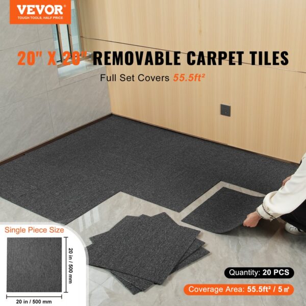 VEVOR Teppichfliesen, 500 x 500 x 5 mm, Teppichboden mit angebrachter Polsterung, weich gepolsterte Teppichfliesen, einfache DIY-Installation für Schlafzimmer und Wohnzimmer (20 Stk., Dunkelgrau) – Bild 2