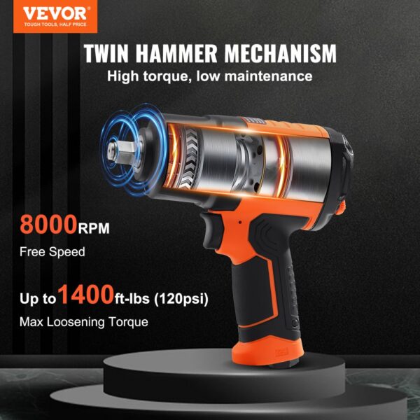 VEVOR 1,27 cm Druckluft-Schlagschrauber, hohes Drehmoment bis zu 2.000 Nm, leichte pneumatische Schlagpistole, mit 11-teiligem 1/2-Zoll-Antrieb, CR-V-Stahl-Schlagsteckschlüsselsatz und Tragetasche – Bild 2