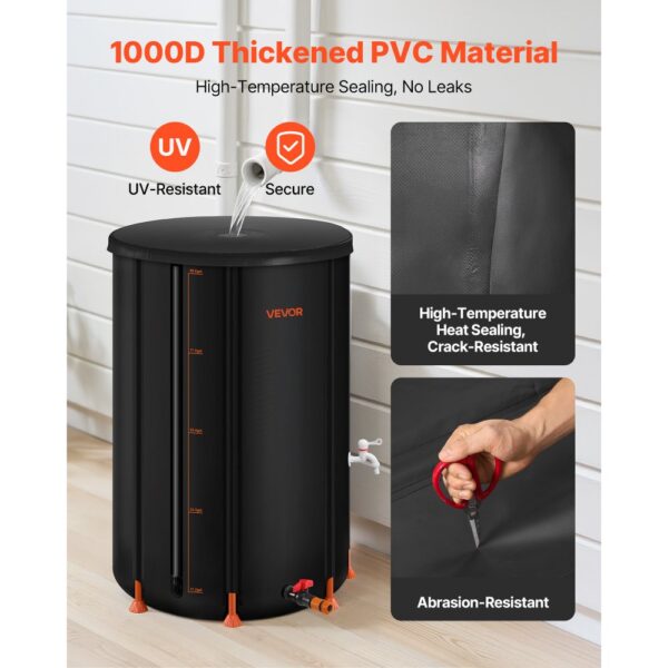 VEVOR Regentonne faltbar, 380 L tragbares Regenfass, Regenwassertank, 1000D PVC-Regenwassersammelsystem, Wassertank, Regenwassertonne mit Zapfhahn und Überlaufset, Schwarz – Bild 2