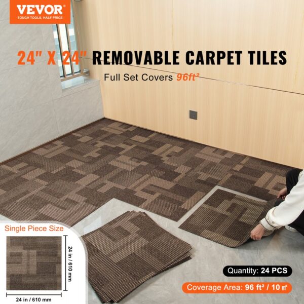 VEVOR Teppichfliesen, 610 x 610 mm, Teppichboden mit angebrachter Polsterung, weich gepolsterte Teppichfliesen, einfache DIY-Installation für Schlafzimmer und Wohnzimmer (24 Stk., gemischtes Braun) – Bild 2