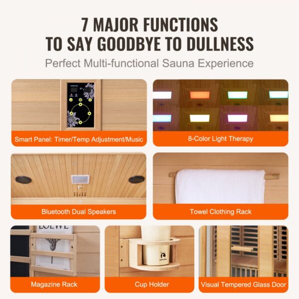 VEVOR Ferninfrarot-Holzsauna, Sauna-Spa für Zuhause, für 3 bis 4 Personen, Niedrige EMF-Ferninfrarot-Sauna aus Hemlockholz mit gehärteter Glastür & Bluetooth-Lautsprechern & Farblichttherapie, 2580 W – Bild 4
