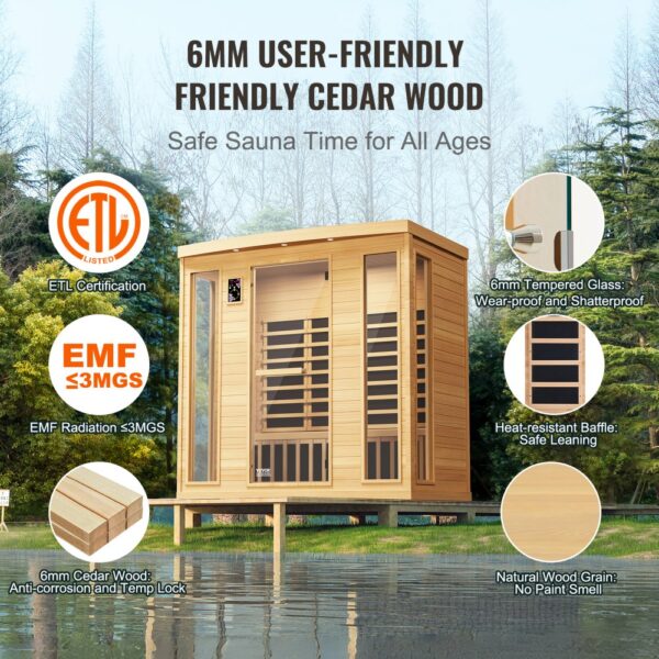 VEVOR Ferninfrarot-Holzsauna, Sauna-Spa für Zuhause, für 3 bis 4 Personen, Niedrige EMF-Ferninfrarot-Sauna aus Hemlockholz mit gehärteter Glastür & Bluetooth-Lautsprechern & Farblichttherapie, 2580 W – Bild 5