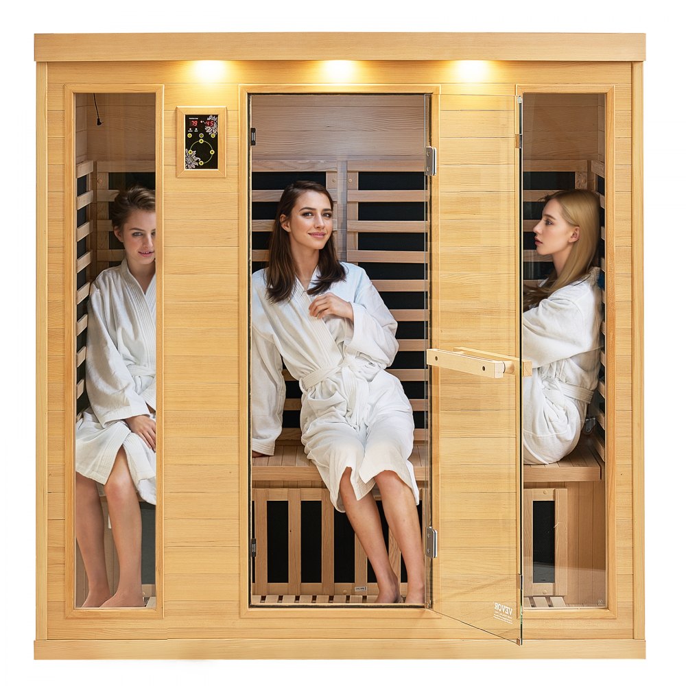 VEVOR Ferninfrarot-Holzsauna, Sauna-Spa für Zuhause, für 3 bis 4 Personen, Niedrige EMF-Ferninfrarot-Sauna aus Hemlockholz mit gehärteter Glastür & Bluetooth-Lautsprechern & Farblichttherapie, 2580 W