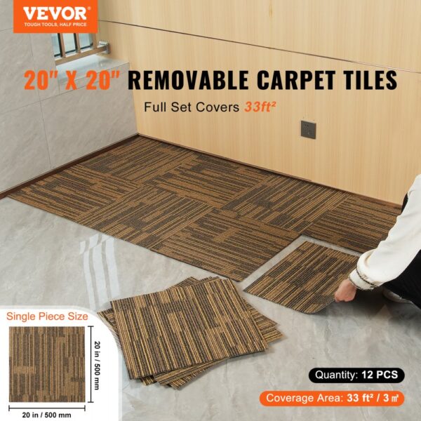 VEVOR Teppichfliesen, 500 x 500 mm, Teppichboden mit angebrachter Polsterung, weich gepolsterte Teppichfliesen, einfache DIY-Installation für Schlafzimmer und Wohnzimmer (12 Stk., gemischtes Braun) – Bild 2