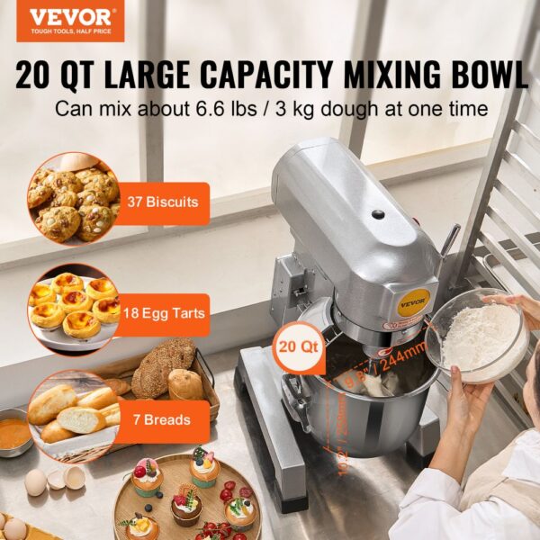 VEVOR Kommerzieller Küchenmixer, 18,7 l kommerzieller Standmixer mit 3 einstellbaren Geschwindigkeiten, 1100 W Teigmixer mit Edelstahlschüssel und 3 Mixaufsätzen, ideal für Restaurant, Bäckerei, Konditorei, Café – Bild 2