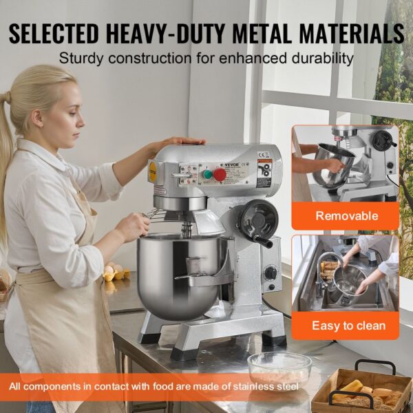 VEVOR Kommerzieller Küchenmixer, 18,7 l kommerzieller Standmixer mit 3 einstellbaren Geschwindigkeiten, 1100 W Teigmixer mit Edelstahlschüssel und 3 Mixaufsätzen, ideal für Restaurant, Bäckerei, Konditorei, Café – Bild 5