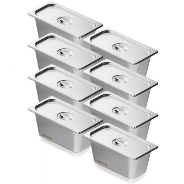 VEVOR 8er-Pack Hotelpfannen, 1/3 Anti-Stau-Dampfpfanne mit Deckel, 0,8 mm dicke Edelstahl-Dampftischpfanne, 6 Zoll tiefe kommerzielle Tischpfanne, Catering-Aufbewahrungspfanne für Lebensmittel, für Industrie und Wissenschaft