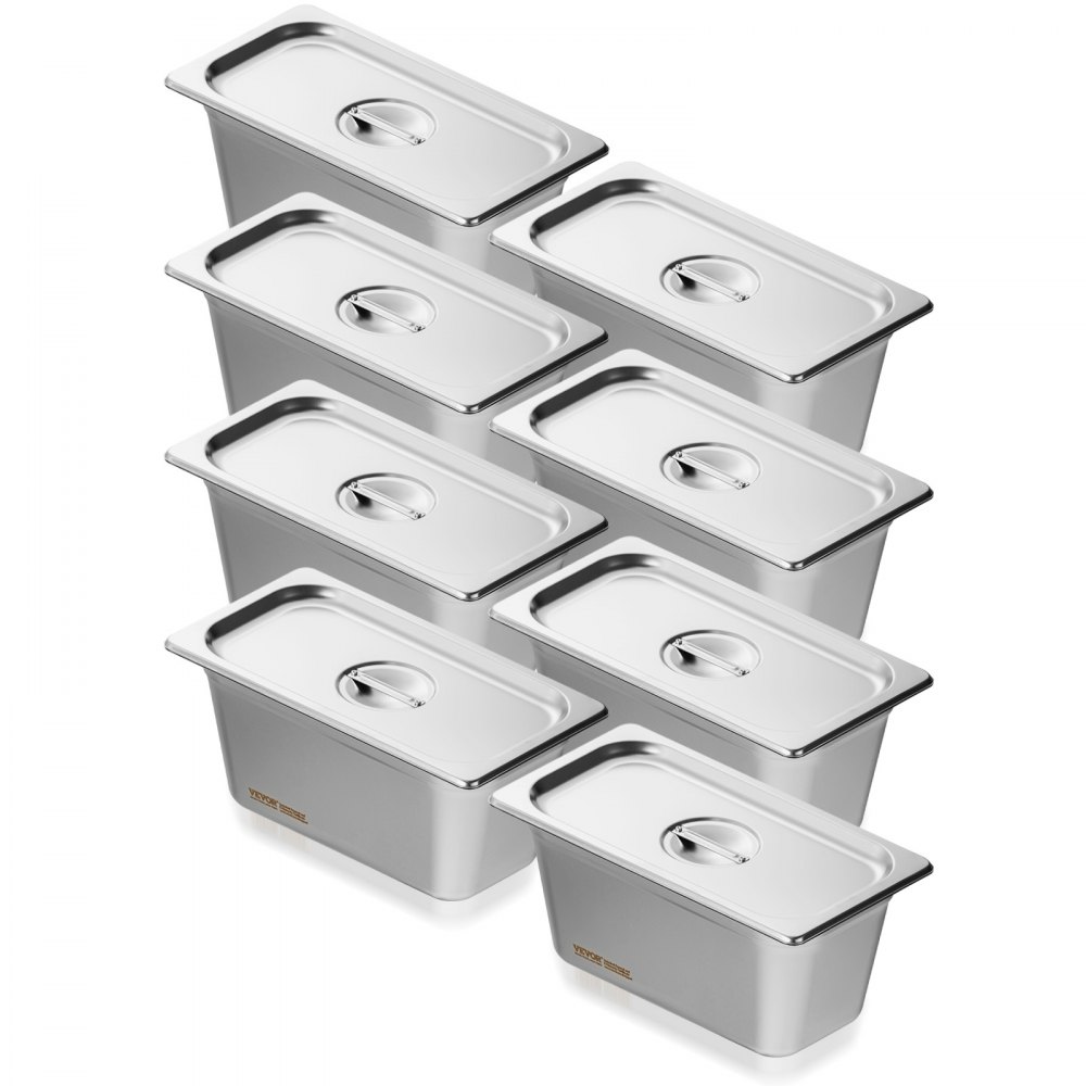VEVOR 8er-Pack Hotelpfannen, 1/3 Anti-Stau-Dampfpfanne mit Deckel, 0,8 mm dicke Edelstahl-Dampftischpfanne, 6 Zoll tiefe kommerzielle Tischpfanne, Catering-Aufbewahrungspfanne für Lebensmittel, für Industrie und Wissenschaft