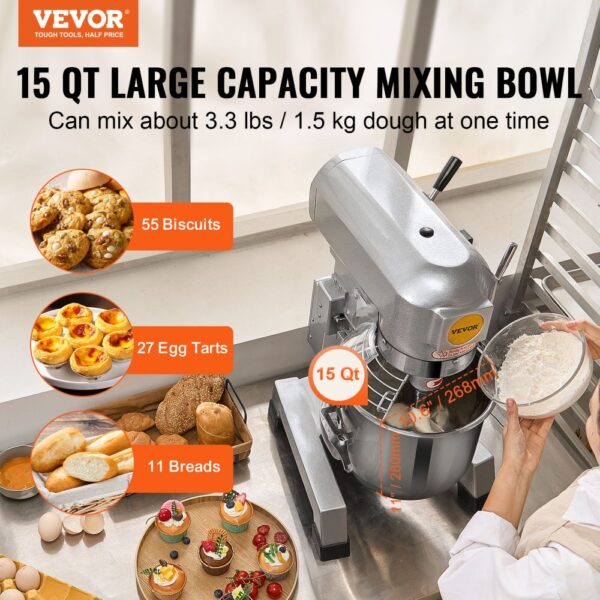 VEVOR Kommerzieller Küchenmixer, 14 l kommerzieller Standmixer mit 3 einstellbaren Geschwindigkeiten, 550 W Teigmixer mit Edelstahlschüssel und 3 Mixaufsätzen, ideal für Restaurant, Bäckerei, Konditorei, Café – Bild 2