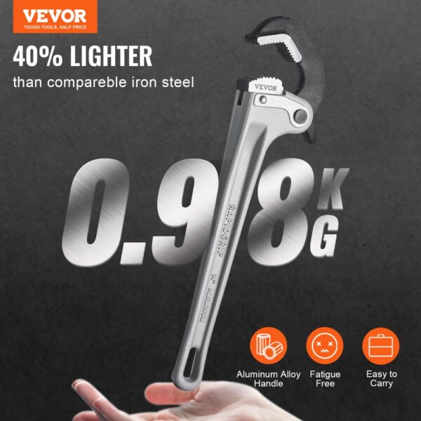 VEVOR Rohrzange, 14 Zoll gerade Aluminium-Rohrzange, automatische Backeneinstellung, verstellbarer Sanitärschlüssel, leicht zu tragen, ergonomischer Griff, aufhängbares Design, für Wasserleitungen – Bild 3