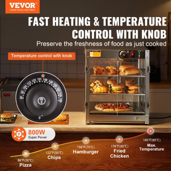 VEVOR 3-stufiger kommerzieller Speisenwärmer, 800 W Speisenwärmer mit Licht zur Aufwertung der Speisenpräsentation, 30 °C bis 85 °C Temperaturregelung, 90 l großes Fassungsvermögen für Hamburger, Pizza, Brot, Brathähnchen – Bild 2