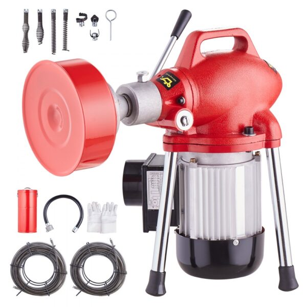 VEVOR Rohrreinigungsmaschine 120 Fuß x 5/8 Zoll, 370 W elektrische Rohrreinigungsspirale mit manueller Zuführung – mit 2 Stahlkabelabschnitten (120' x 5/8" und 23' x 3/8"), 7 Schneidern und CW/CCW-Steuerung für 1,6" bis 4" Rohre