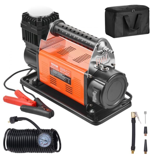 VEVOR Tragbarer 12-V-Reifenfüller, 7,06 CFM Hochleistungs-Luftkompressor, 150 PSI Offroad-Luftpumpe mit Adaptern für Auto, SUV, Wohnmobil, LKW – Inklusive 6,5 Fuß Netzkabel, 26 Fuß Luftschlauch mit Druckmesser, Tragetasche