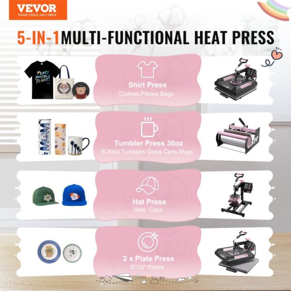 VEVOR 8-in-1-Hitzepresse 38 x 38 cm 850 g Tumbler-Presse T-Shirts Schwarz – Bild 2