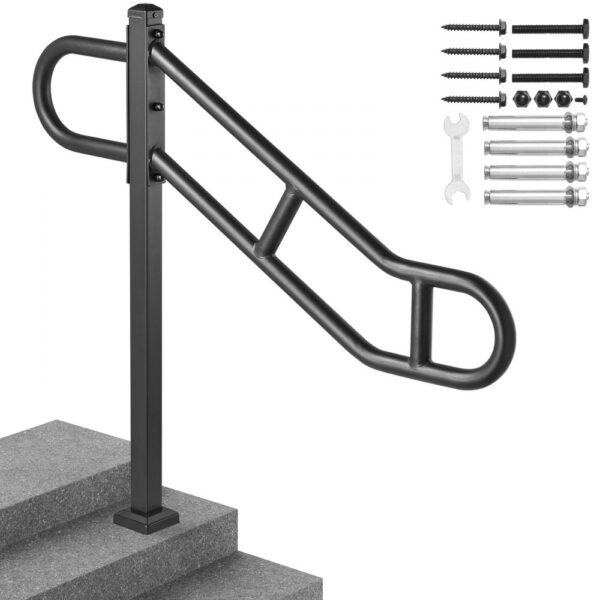 VEVOR Handlauf mit einem Pfosten für 1–3 Stufen im Außenbereich, 40,5" L x 35,4" H gebogener Treppenhandlauf aus Metall, bodenmontiertes Treppengeländer aus Karbonstahl, U-förmiger Haltegriff mit 2 rutschfesten Querstangen für die Garage