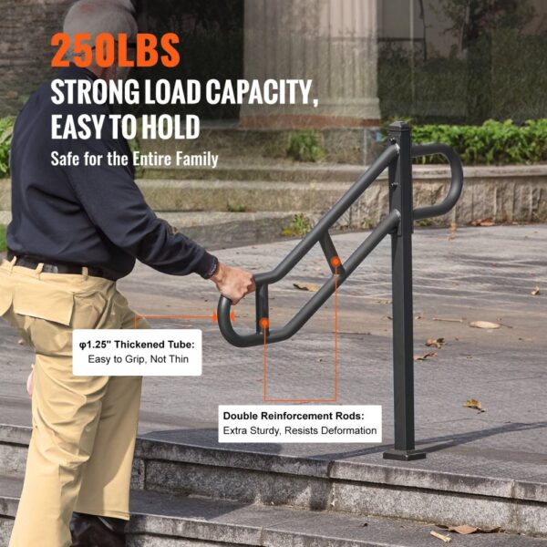 VEVOR Handlauf mit einem Pfosten für 1–3 Stufen im Außenbereich, 40,5" L x 35,4" H gebogener Treppenhandlauf aus Metall, bodenmontiertes Treppengeländer aus Karbonstahl, U-förmiger Haltegriff mit 2 rutschfesten Querstangen für die Garage – Bild 3