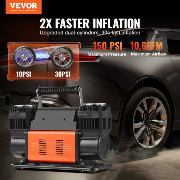 VEVOR 10,6 CFM Hochleistungs-Luftkompressor, 30 s schnelles Aufpumpen | Tragbarer Reifenfüller mit zwei Zylindern, 12 V 150 PSI Offroad-Luftpumpe mit Adaptern für LKWs, Autos, SUVs, 4 x 4-Fahrzeuge, Wohnmobile – Bild 2