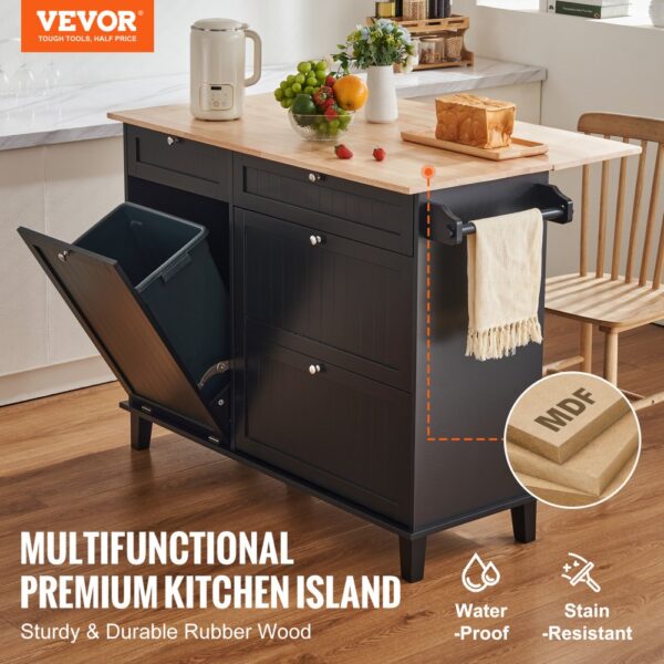 VEVOR Kücheninselwagen, 128 cm Frühstücksbar mit Holzplatte und ausklappbarem Müllschrank, 10 Gal Stauraum, Bauernhaus-Ess-/Wohnzimmertisch mit Klappplatte, Handtuchhalter, Schublade, schwarz – Bild 2 VEVOR Kücheninselwagen, 128 cm Frühstücksbar mit Holzplatte und ausklappbarem Müllschrank, 10 Gal Stauraum, Bauernhaus-Ess-/Wohnzimmertisch mit Klappplatte, Handtuchhalter, Schublade, schwarz – Bild 2