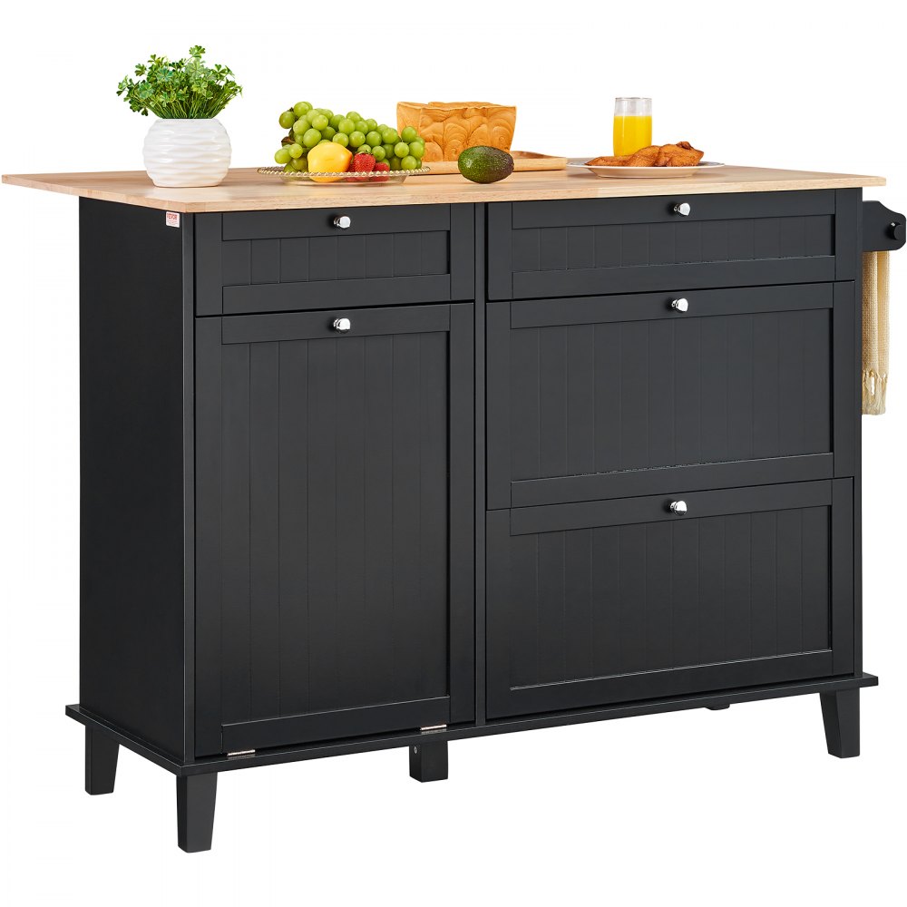VEVOR Kücheninselwagen, 128 cm Frühstücksbar mit Holzplatte und ausklappbarem Müllschrank, 10 Gal Stauraum, Bauernhaus-Ess-/Wohnzimmertisch mit Klappplatte, Handtuchhalter, Schublade, schwarz