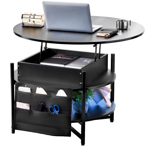 VEVOR Couchtisch mit anhebbarer Platte, 35,3 Zoll runder Couchtisch mit zusätzlichen Aufbewahrungstaschen, aufklappbarer Couchtisch für das Wohnzimmer, schwarz VEVOR Couchtisch mit anhebbarer Platte, 35,3 Zoll runder Couchtisch mit zusätzlichen Aufbewahrungstaschen, aufklappbarer Couchtisch für das Wohnzimmer, schwarz