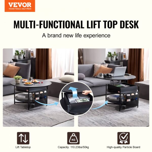 VEVOR Couchtisch mit anhebbarer Platte, 35,3 Zoll runder Couchtisch mit zusätzlichen Aufbewahrungstaschen, aufklappbarer Couchtisch für das Wohnzimmer, schwarz – Bild 2 VEVOR Couchtisch mit anhebbarer Platte, 35,3 Zoll runder Couchtisch mit zusätzlichen Aufbewahrungstaschen, aufklappbarer Couchtisch für das Wohnzimmer, schwarz – Bild 2