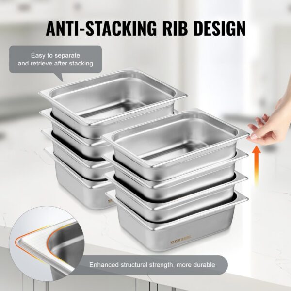 VEVOR 8er-Pack Hotelpfannen, 1/2-Größe Anti-Stau-Dampfpfanne mit Deckel, 0,8 mm dicke Edelstahl-Dampftischpfanne, 4 Zoll tiefe kommerzielle Tischpfanne, Catering-Aufbewahrungspfanne für Lebensmittel, für Industrie und Wissenschaft – Bild 4