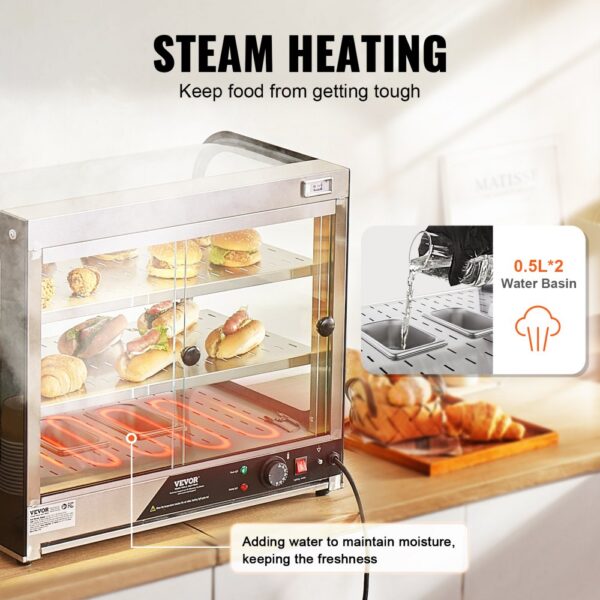 VEVOR 2-stufiger kommerzieller Speisenwärmer, 850 W Speisenwärmer mit gehärtetem Glas und Dampfheizung, Temperaturregelung von 30 °C bis 85 °C, 111 l großes Fassungsvermögen für Hamburger, Pizza, Brot, Hühnchen – Bild 4