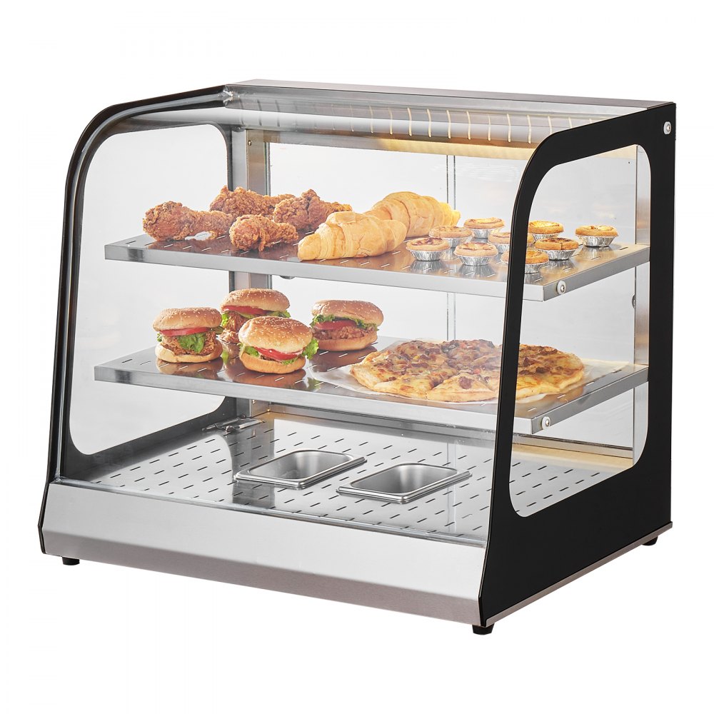 VEVOR 2-stufiger kommerzieller Speisenwärmer, 850 W Speisenwärmer mit gehärtetem Glas und Dampfheizung, Temperaturregelung von 30 °C bis 85 °C, 111 l großes Fassungsvermögen für Hamburger, Pizza, Brot, Hühnchen