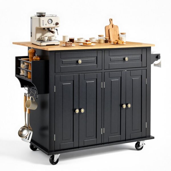 VEVOR Kücheninselwagen, 110 cm mobiler Wagen mit Holzplatte und Lagerschrank, Rolltisch mit Klappplatte, Gewürzregal, Handtuchhalter, verstellbarem Regal, Schublade und Haken, tragbare Inseln Rollbar VEVOR Kücheninselwagen, 110 cm mobiler Wagen mit Holzplatte und Lagerschrank, Rolltisch mit Klappplatte, Gewürzregal, Handtuchhalter, verstellbarem Regal, Schublade und Haken, tragbare Inseln Rollbar
