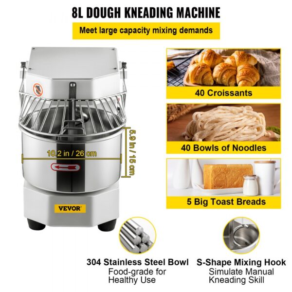 VEVOR Teigknetmaschine Küchenmaschine, 8 L Edelstahl Teigmixer, 450 W, einstellbar (130/233/414 U/min), inkl. Edelstahlschüssel, Sicherheitsschild, Timer, ideal für Bäckereien, Restaurants, Pizzeria – Bild 3