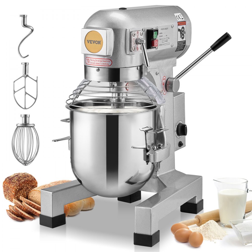 VEVOR Kommerzieller Küchenmixer, 10 l kommerzieller Standmixer mit 3 einstellbaren Geschwindigkeiten, 550 W Teigmixer mit Edelstahlschüssel und 3 Mixaufsätzen, ideal für Restaurant, Bäckerei, Konditorei, Café