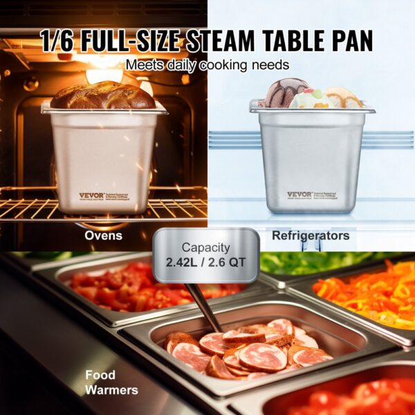 VEVOR Gastronormbehälter, Edelstahl Behälter 6 Stk. 1/6 Größe 178 x 168 x 160 mm Speisebehälter, kommerzieller Dampfpfanne Warmhaltebehälter für Speisen, Torten, Hotelpfanne Tisch Food Pan Buffet – Bild 3
