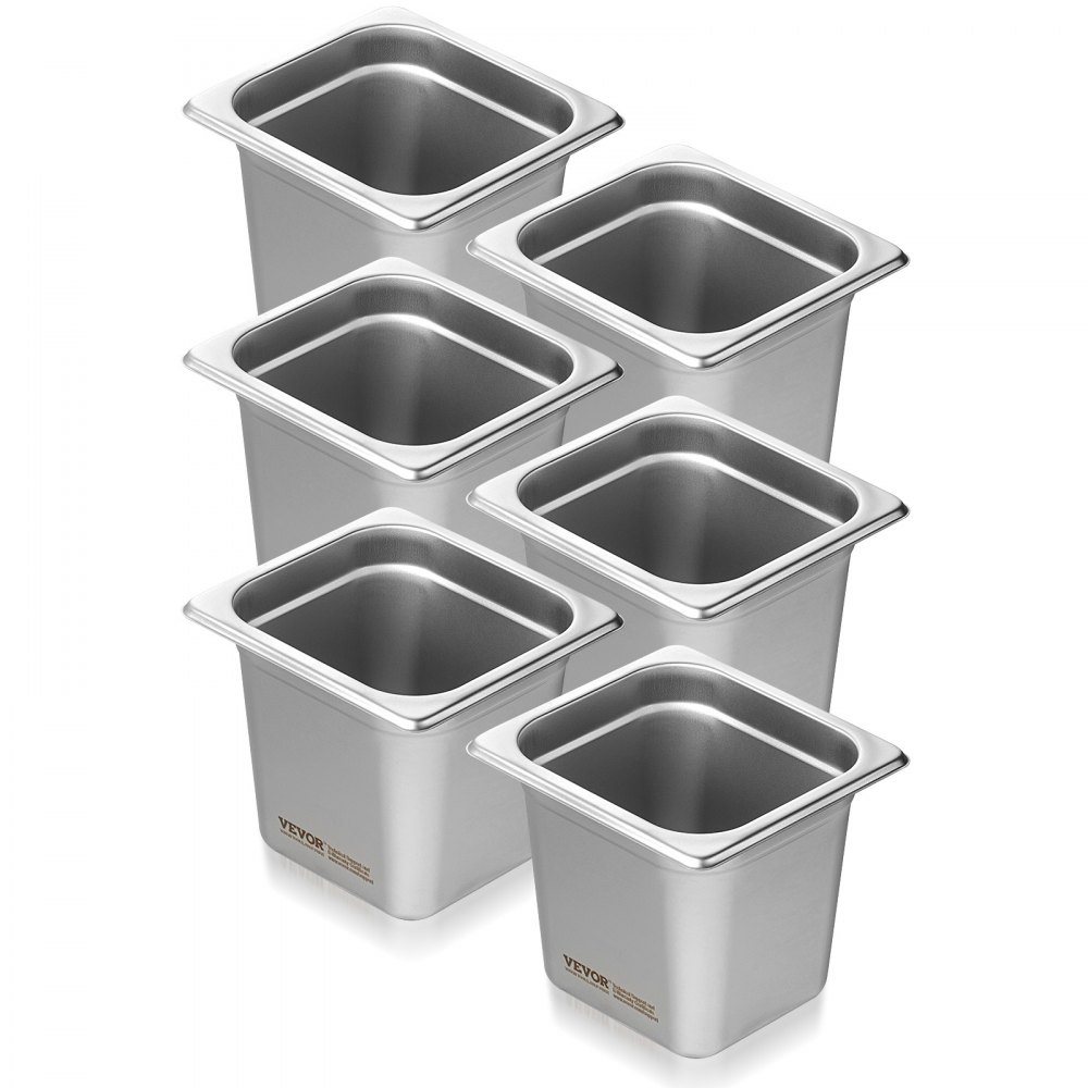VEVOR Gastronormbehälter, Edelstahl Behälter 6 Stk. 1/6 Größe 178 x 168 x 160 mm Speisebehälter, kommerzieller Dampfpfanne Warmhaltebehälter für Speisen, Torten, Hotelpfanne Tisch Food Pan Buffet