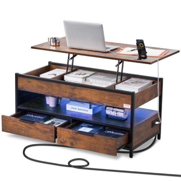 VEVOR Couchtisch mit anhebbarer Platte, 39,4 Zoll großer rechteckiger Couchtisch mit zusätzlichen Aufbewahrungstaschen, aufklappbarer Couchtisch mit Steckdosenleiste & USB & Ambientebeleuchtung für das Wohnzimmer, braun VEVOR Couchtisch mit anhebbarer Platte, 39,4 Zoll großer rechteckiger Couchtisch mit zusätzlichen Aufbewahrungstaschen, aufklappbarer Couchtisch mit Steckdosenleiste & USB & Ambientebeleuchtung für das Wohnzimmer, braun