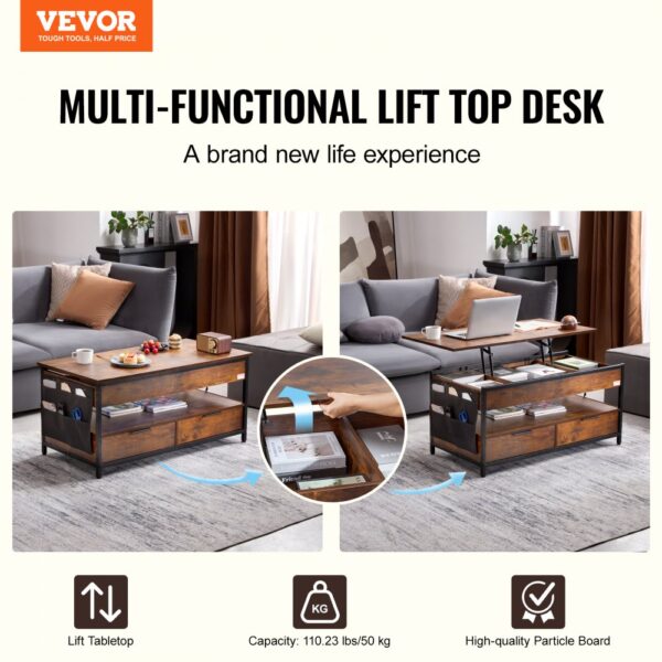VEVOR Couchtisch mit anhebbarer Platte, 39,4 Zoll großer rechteckiger Couchtisch mit zusätzlichen Aufbewahrungstaschen, aufklappbarer Couchtisch mit Steckdosenleiste & USB & Ambientebeleuchtung für das Wohnzimmer, braun – Bild 2 VEVOR Couchtisch mit anhebbarer Platte, 39,4 Zoll großer rechteckiger Couchtisch mit zusätzlichen Aufbewahrungstaschen, aufklappbarer Couchtisch mit Steckdosenleiste & USB & Ambientebeleuchtung für das Wohnzimmer, braun – Bild 2