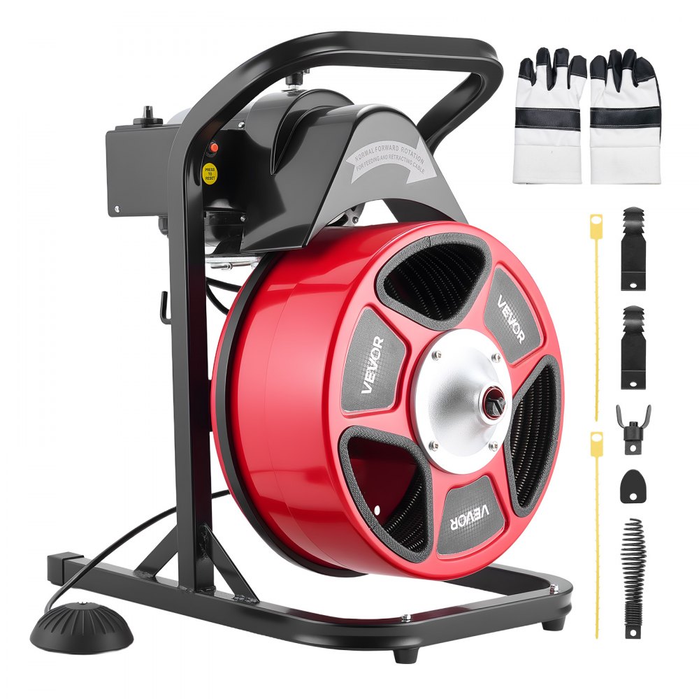 VEVOR Rohrreinigungsmaschine mit Manuellem Vorschub, Elektr. Rohrreinigungsgerät mit 15m x 23mm Abflussspirale, 1500 U/min Abflussreiniger für 50-150mm Rohre, Rohrreinigungswelle für Abfluss Toilette