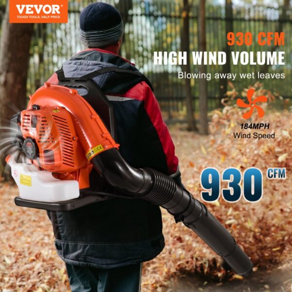 VEVOR Laubbläser als Rucksack, 79 CC 2-Takt Benzin-Laubbläser mit 3-Liter-Kraftstofftank, 930 CFM Luftvolumen, 184 MPH Geschwindigkeit, ideal für Rasenpflege, Laubreinigung und Schneeräumung – Bild 2