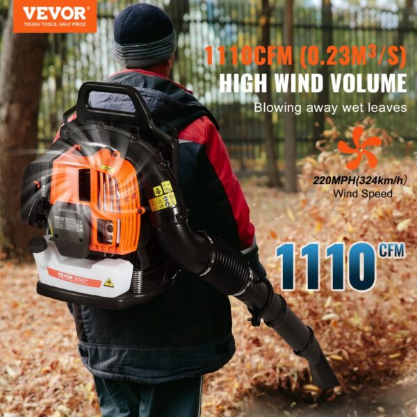 VEVOR Laubbläser als Rucksack, 63 CC 2-Takt Benzin-Laubbläser mit 1,89 l Kraftstofftank, 1110 CFM Luftvolumen, 220 MPH Geschwindigkeit, ideal für Rasenpflege, Laubreinigung und Schneeräumung – Bild 2