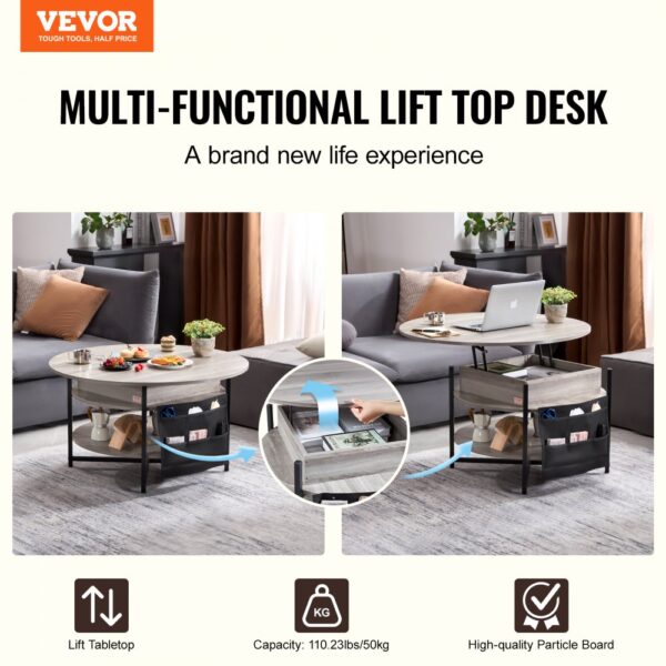 VEVOR Couchtisch mit anhebbarer Platte, 35,3 Zoll runder Couchtisch mit zusätzlichen Aufbewahrungstaschen, aufklappbarer Couchtisch für das Wohnzimmer, weiß – Bild 2 VEVOR Couchtisch mit anhebbarer Platte, 35,3 Zoll runder Couchtisch mit zusätzlichen Aufbewahrungstaschen, aufklappbarer Couchtisch für das Wohnzimmer, weiß – Bild 2