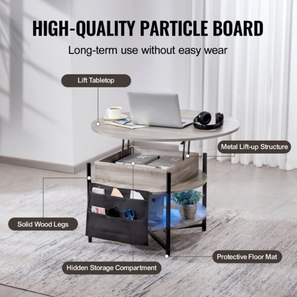 VEVOR Couchtisch mit anhebbarer Platte, 35,3 Zoll runder Couchtisch mit zusätzlichen Aufbewahrungstaschen, aufklappbarer Couchtisch für das Wohnzimmer, weiß – Bild 5 VEVOR Couchtisch mit anhebbarer Platte, 35,3 Zoll runder Couchtisch mit zusätzlichen Aufbewahrungstaschen, aufklappbarer Couchtisch für das Wohnzimmer, weiß – Bild 5